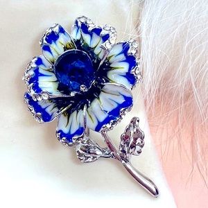 Big Enamel Blue Flower Rhinestone Silver Color